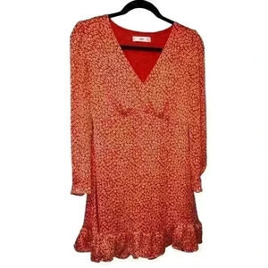 MANGO Long-Sleeve Floral Mini Dress – V-Neck, Ruffle Hem, Size 4